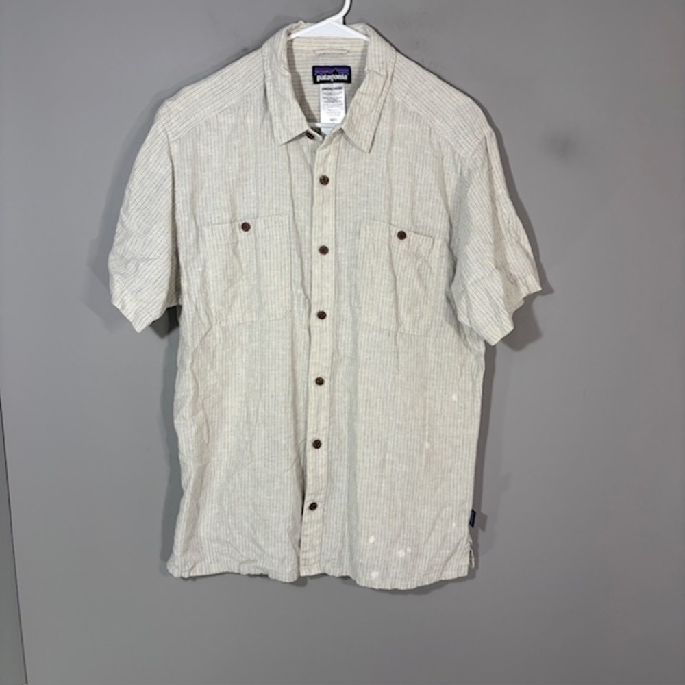 Patagonia Shirt Mens Large Beige Stripe Short Sleeve Button Up Hemp Cotton